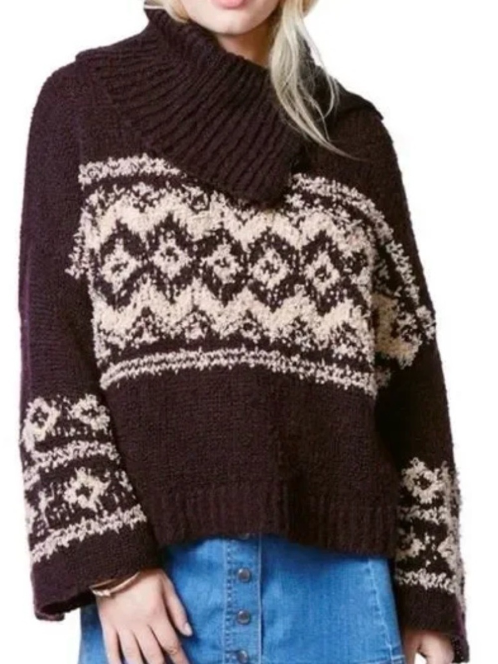 FREE PEOPLE FAIR ISLE SPLIT NECK PURPLE TAN SWEATER WOMENS SZ LARGE NWT